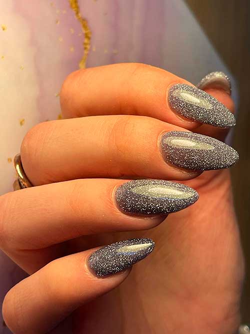 Medium Almond Shaped Sparkling Dark Grey Nails