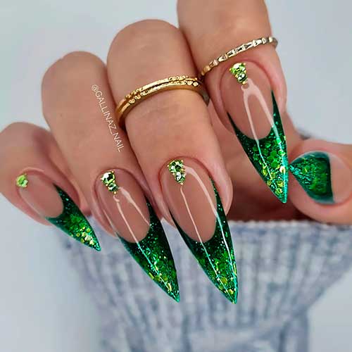 Long Stiletto Sparkling Emerald French New Years Eve Nails with Rhinestones