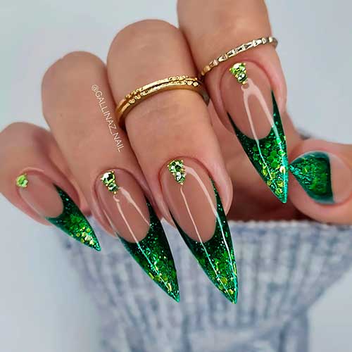 Sparkling French New Years Eve Nails Long Stiletto Sparkling Emerald French New Years Eve Nails with Rhinestones