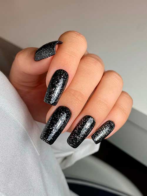 Long Square Black Nails with Silver Glitter