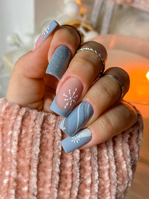 Medium Square Shaped Matte Gray Nails with Glitter, Snowflakes, and French Accent Nails