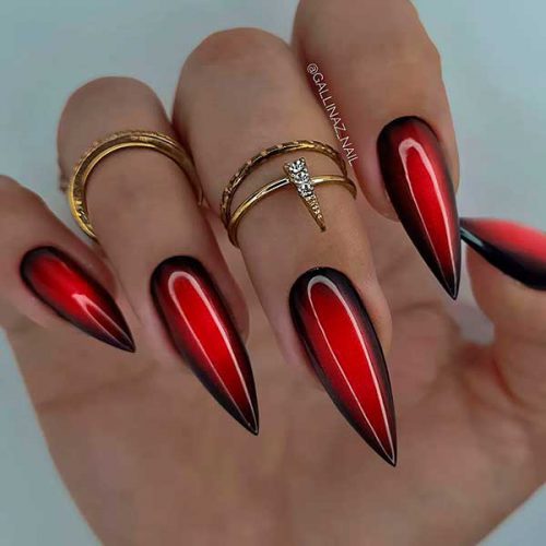 Long Stiletto Ombre Red and Black Nails for Year Round