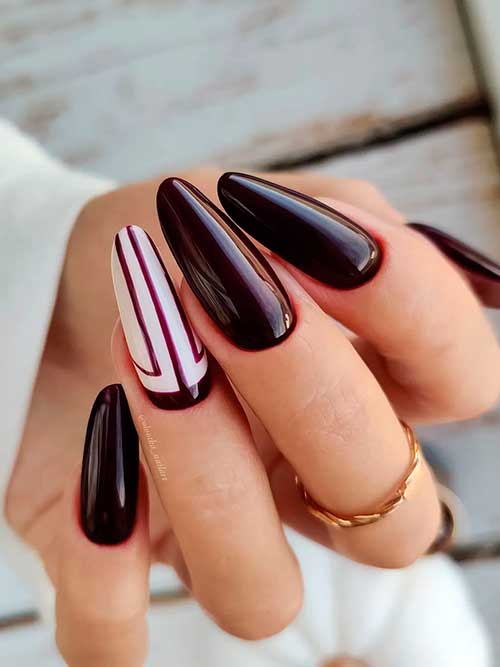 Long Round Shaped Wine Red Winter Nails with Striped Nail Art on An Accent Nail