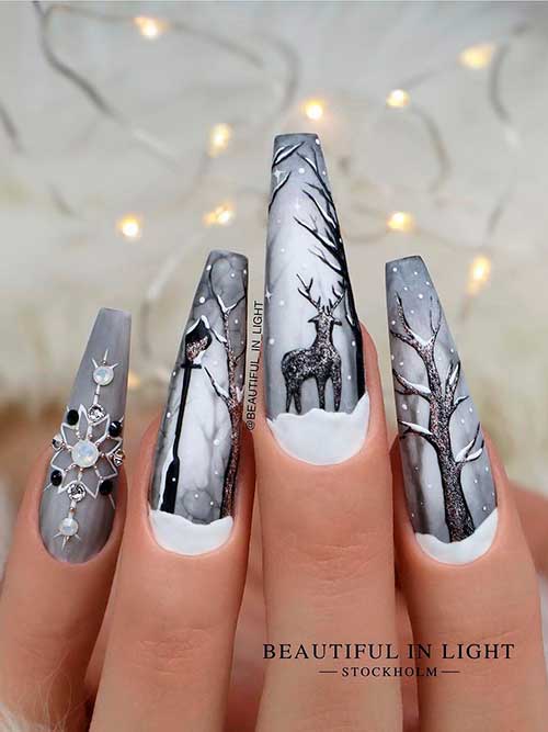 Winter Themed Grey Coffin Nails with Rhinestones on an Accent Nail for Christmas 2022