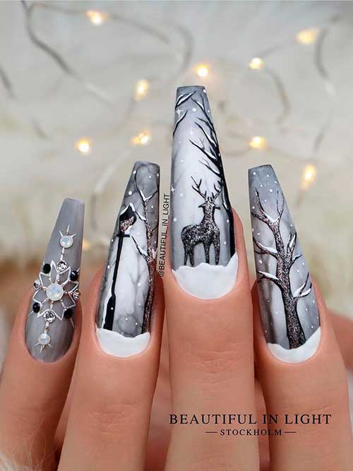 Winter Themed Grey Coffin Nails Winter Themed Grey Coffin Nails with Rhinestones on an Accent Nail for Christmas 2022