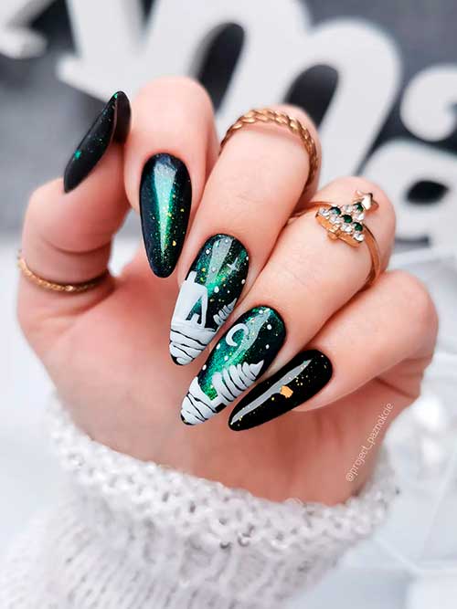 Xmas Magnetic Emerald Green Nails Long Almond Xmas Magnetic Emerald Green Nails