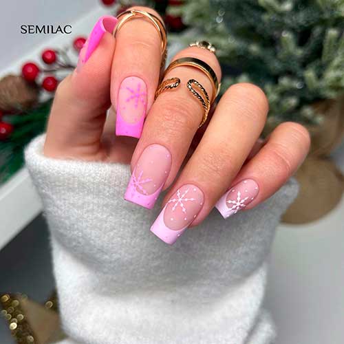 Long Square Shaped Matte Pink French Snowflake Nails for Christmas