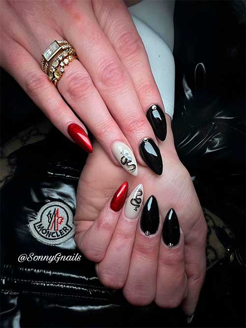 Black Red White Nails Medium Almond Shaped Black Red White Nails with Gold Rhinestones