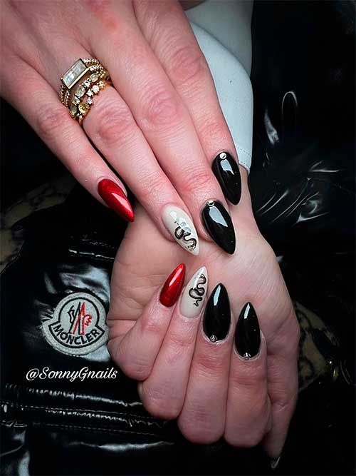 Medium Almond Shaped Black Red White Nails with Gold Rhinestones