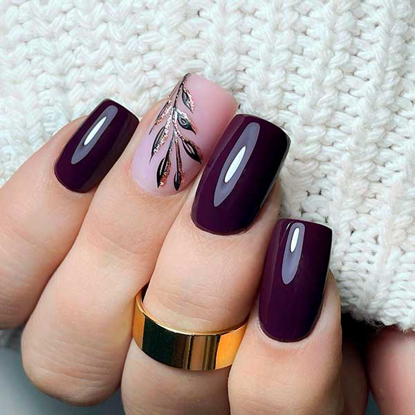 Cute Square Shaped Dark Purple Nails with Leaf Nail Art on Accent Nude Pink Nail