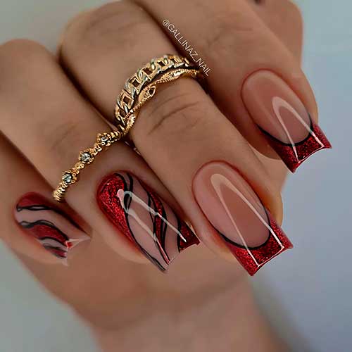 Long Square Shaped Glitter Red and Black Gel Nails with Abstract and French Tip Accent Nails