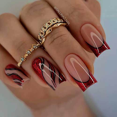 Glitter Red and Black Gel Nails Long Square Shaped Glitter Red and Black Gel Nails with Abstract and French Tip Accent Nails
