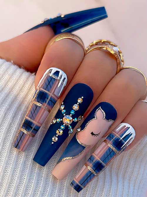 Long Coffin Navy Blue Nails for Christmas with Snowflake Rhinestones, Reindeer, and Two Accent Plaid Nails