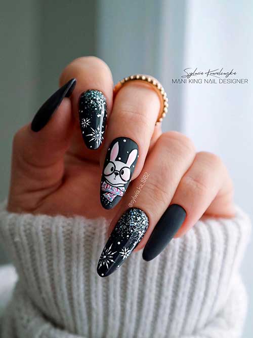 Glossy and Matte Charcoal Grey Dark Winter Nails with Snowflakes and A Bunny On an Accent Nail