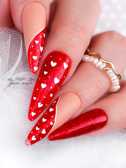 Long Almond Glittery Red Romantic Nails with White Hearts for The Valentine's Day