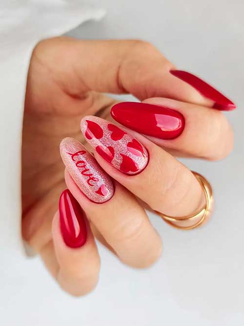 Lovely Valentine’s Manicure Long Almond Red Valentines Nails with Hearts and LOVE Word on Two Shimmer Nude Accent Nails