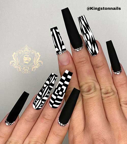 Long Coffin Matte Black and White Nail Art Design with Rhinestones
