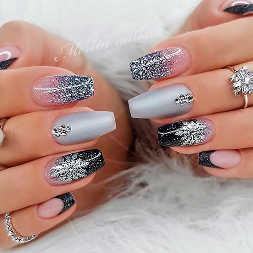 Long Coffin Glittery Black and Silver French Manicure Consists of French Ombr, and French Tip Accent Nails