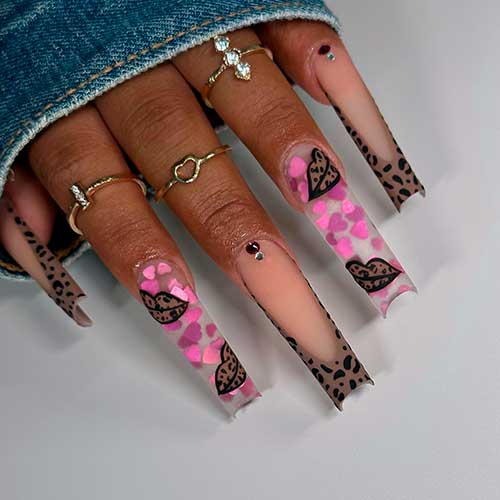 Long Leopard Print French Tip Valentines Nails 2023 with Pink Hearts and Lips on them