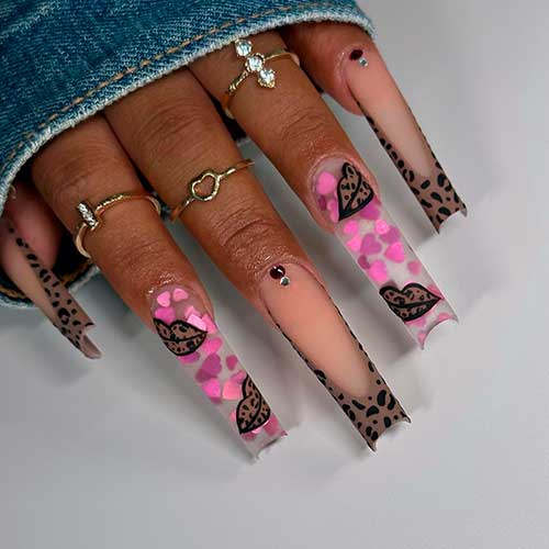 Creative Valentines Nails Long Leopard Print French Tip Valentines Nails 2023 with Pink Hearts and Lips on them