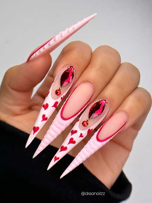 Long Stiletto Pink Valentine’s Day Nails 2023 with Red Hearts and Rhinestones