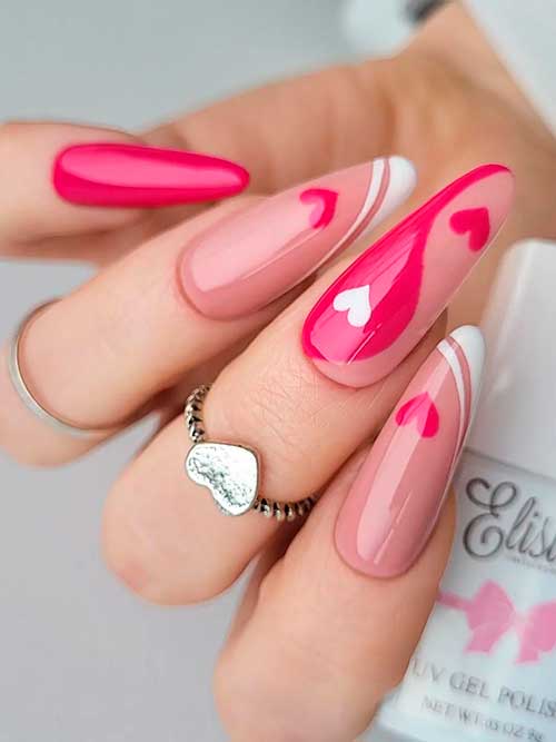 Long almond classy white and pink valentine's day nails with white and pink hearts