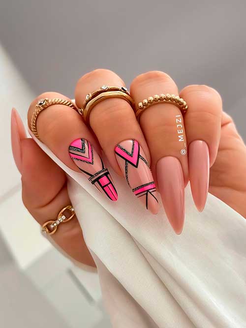 Geometry Nails Long almond shaped nude nails with pink and black geometric nail art on two accent nails