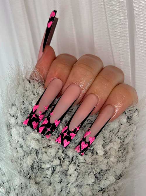Long black French tip valentines nails 2023 with glitter pink hearts
