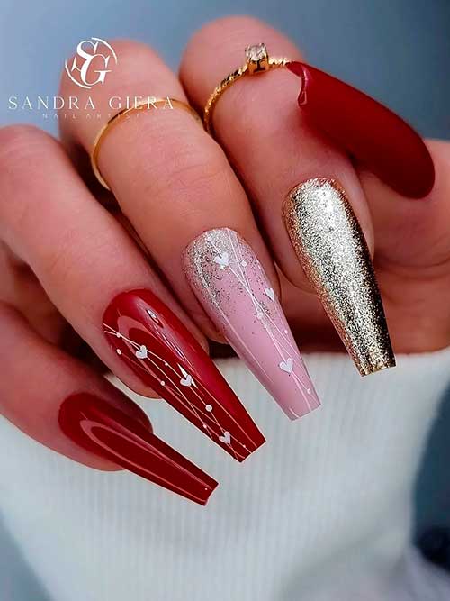 Dark Red valentine’s nails with Gold Glitter Long coffin dark red valentine’s nails with gold glitter and white hearts