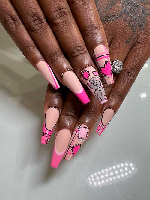 Long coffin pink valentines day nails 2023 with French tips, plaid nail art, teddy bear, and heart shapes
