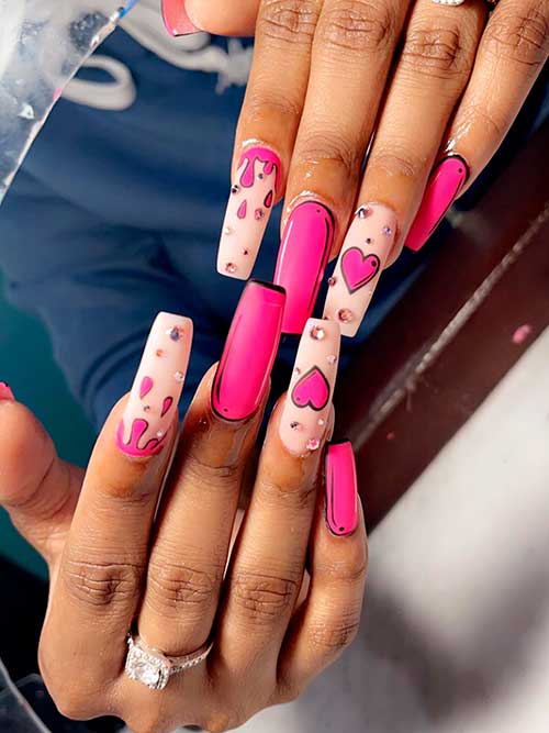 Long coffin pink valentine's pop art nails 2023 with crystals to celebrate love this year