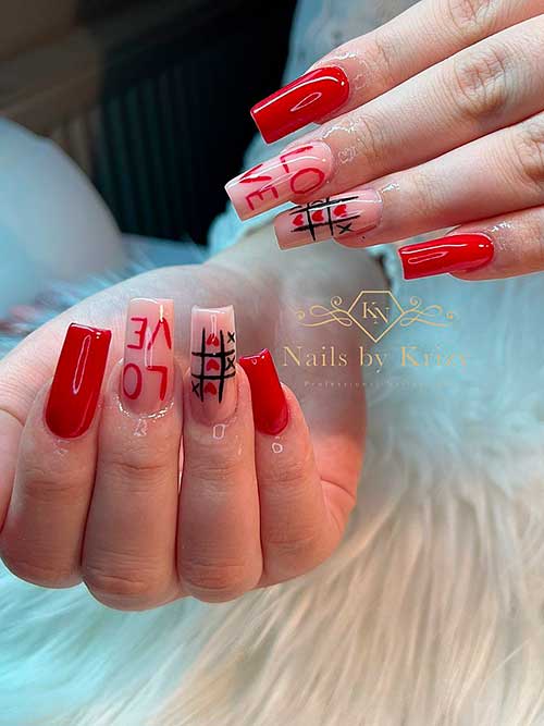 Long glossy red valentines nails with XO design and LOVE letters on two nude pink accent nails to celebrate love
