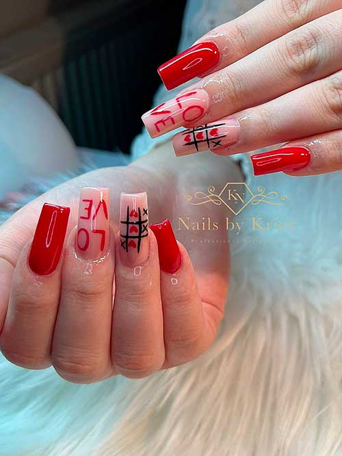LOVE Nails Long glossy red valentines nails with XO design and LOVE letters on two nude pink accent nails to celebrate love