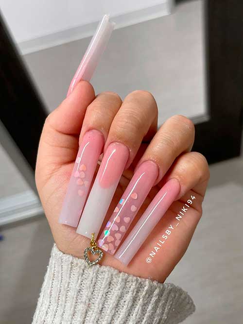 Valentine's Day Ombre Nails Long square shaped french ombre valentines nails 2023 with heart glitter on two accent nails