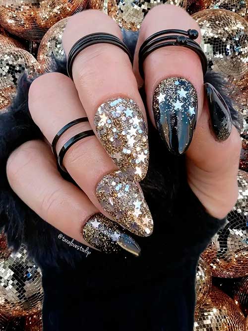 Black Nails with Gold Glitter for New Year's Eve Medium Almond Shaped Black New Years Nails with Gold Glitter and Stars