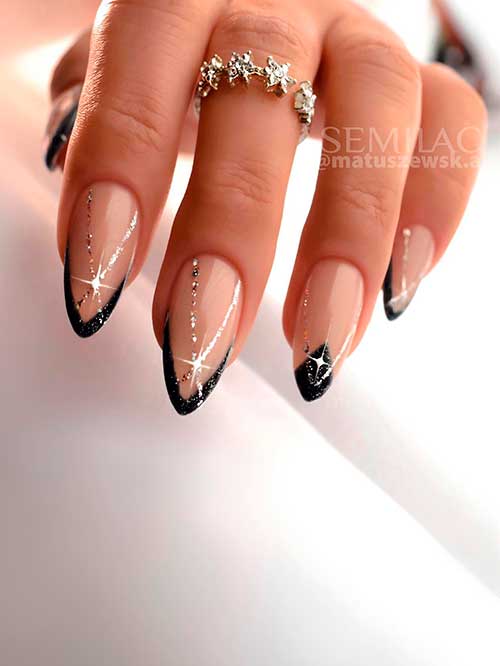 Medium Almond Shaped Classy Black French Tip Nails with Glitter Which is the Best of Black Nail Designs to Try