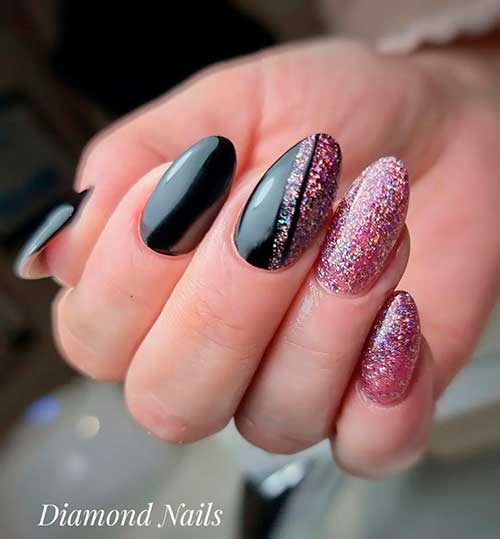 Festive Black Nails with Glitter Medium Round Shaped Glossy Black Nails with Pink Glitter on Accent Nails to Celebrate the New Year Occasion