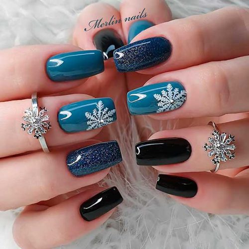Medium Square Shaped Black and Grey Dark Winter Nails with Glitter, Rhinestones, and Snowflakes