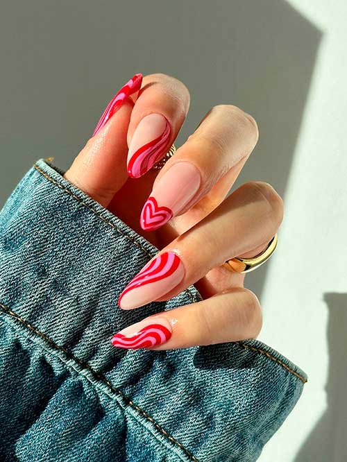 Swirl Red Valentines Nails Medium almond red and pink swirl valentines nails on a nude base color