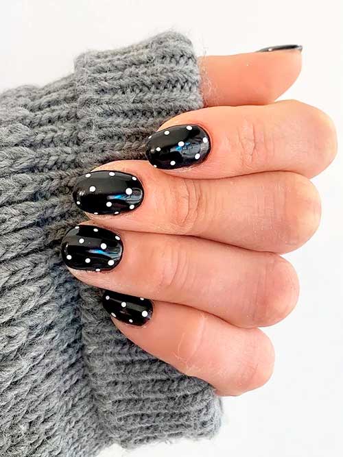 Short Black Nails with White Polka Dots