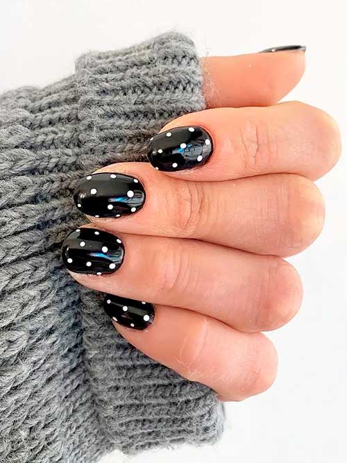 Polka Dot Black Nails Short Black Nails with White Polka Dots