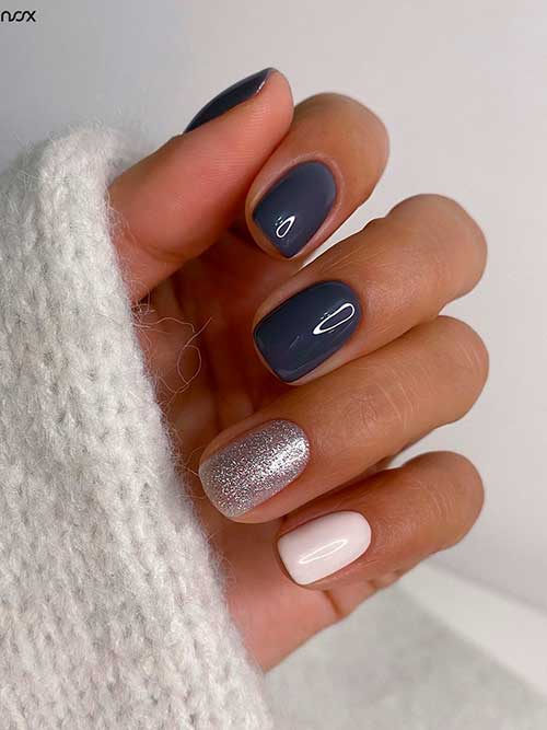 Short Dark Gray Winter Nails with Pink and Silver Glitter Accent Nails for Winter 2023