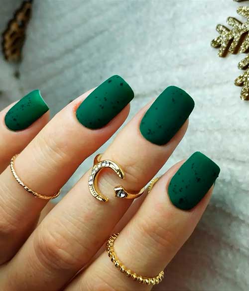 Short Square Shaped Matte Dark Green Nails with Black Specks for Winter Season