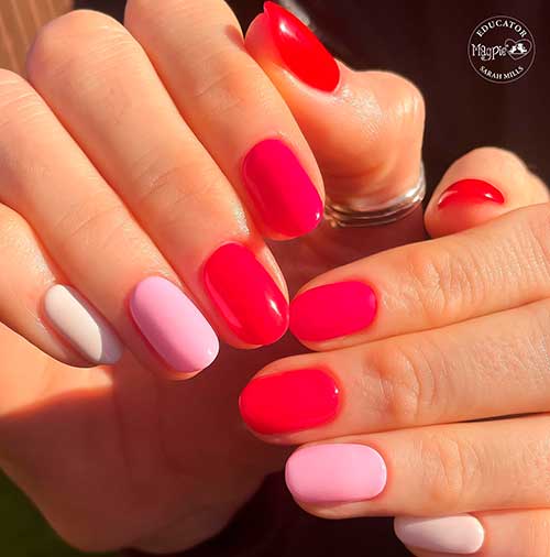 Simple Valentine Nails Short round shaped red, pink, and white valentine nails to celebrate love in 2023