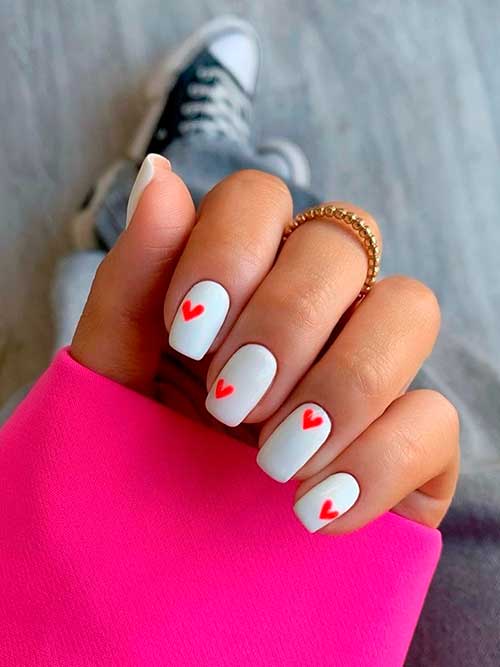 Short square shaped white simple valentines nails 2023 with red hearts