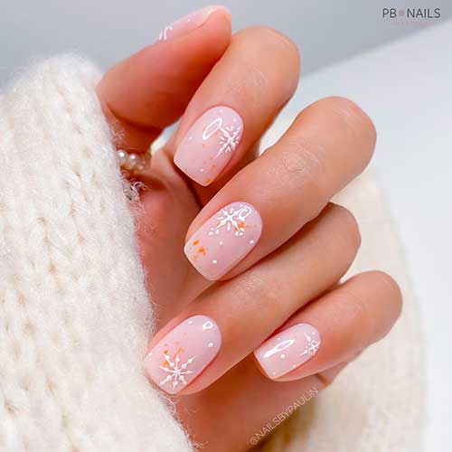 Short square shaped winter nude nails with snowflakes