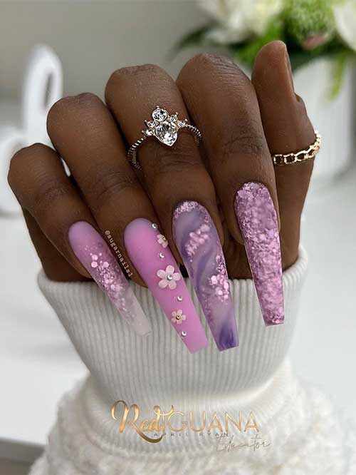 Long Coffin Purple and Pink Nails with Glitter and Floral Nail Art