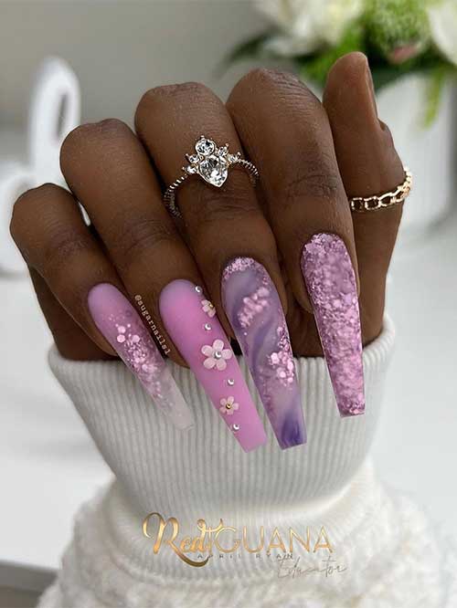 Classy Purple and Pink Spring Nail Design Long Coffin Purple and Pink Nails with Glitter and Floral Nail Art
