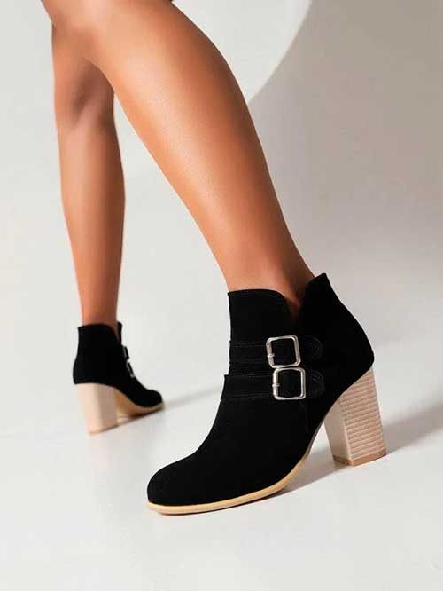 Faux Suede Buckle Decor Chunky Heeled Booties