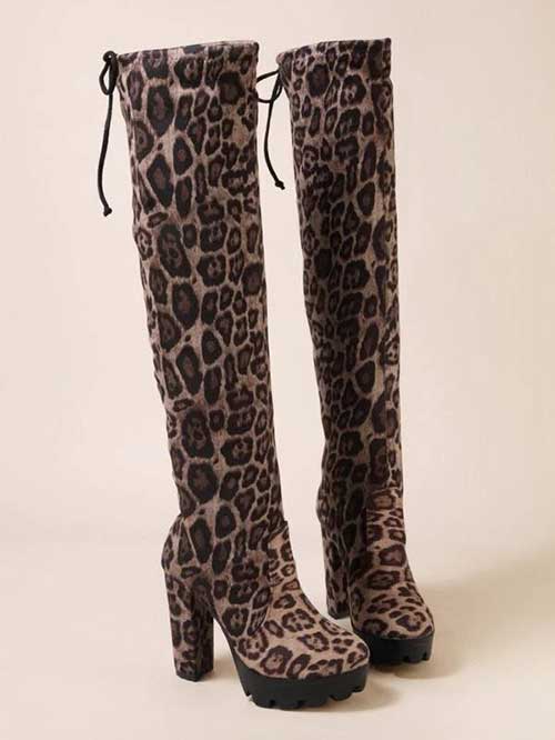 SHEIN Leopard Pattern Faux Suede Tie Back Sock Boots
